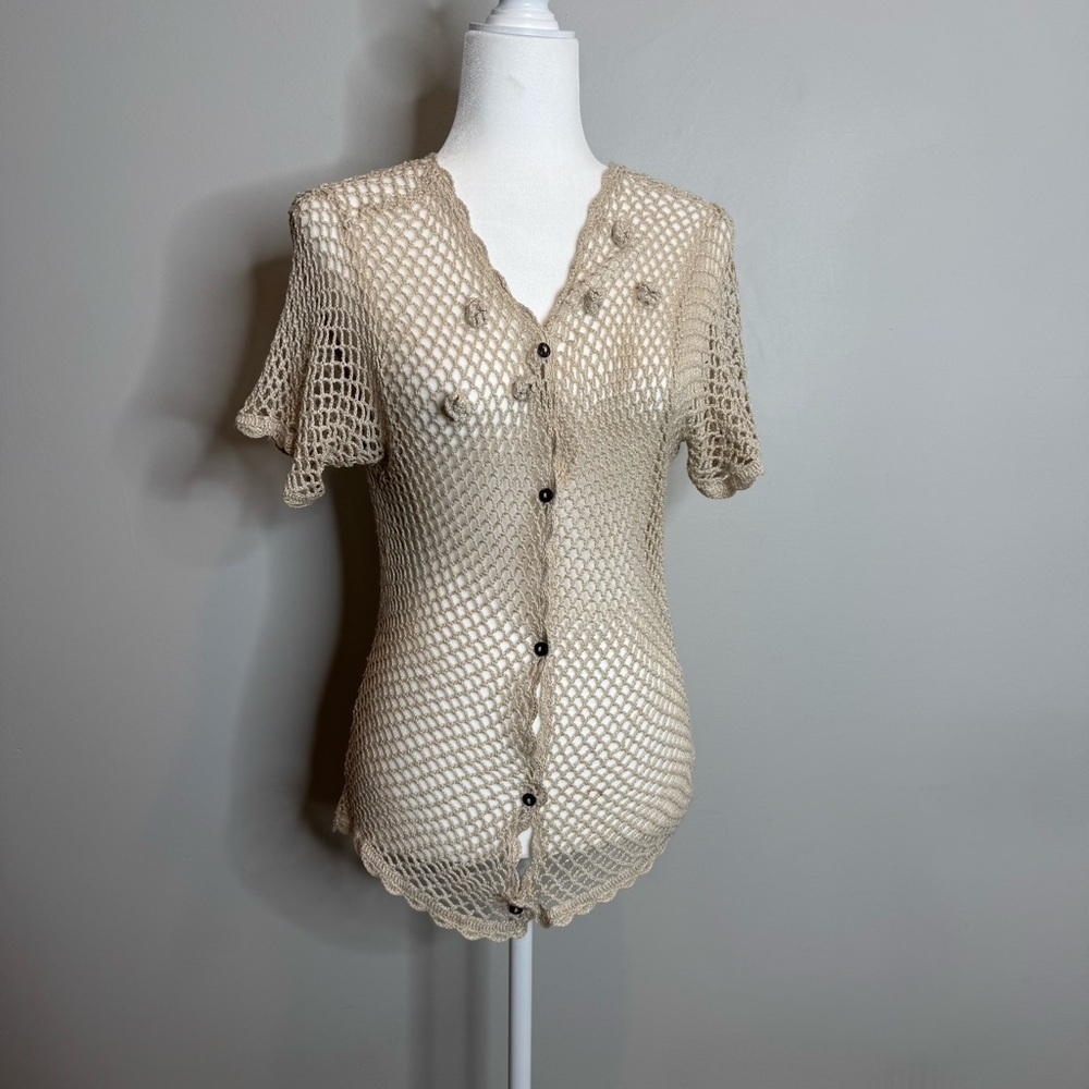 VTG Y2K Boho Crochet Blouse Medium Cottagecore Coastal Grandma Open Knit Beach